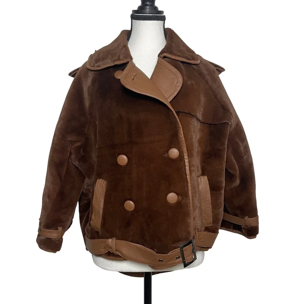 Nasty Gal Motorcycle Jacket 6 Chocolate Brown Teddy Oversized Cropped Faux Fur